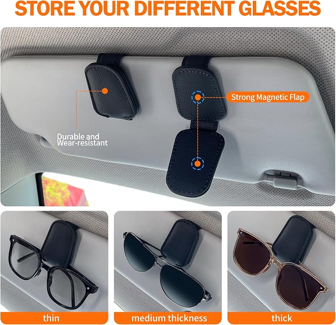Shering Sunglasses Holders for Car Sun Visor, 2pack Magnetic Leather Glasses Eyeglass Hanger Clip for Car, Visor Sunglasses Holder Clip Car Accessories for Truck