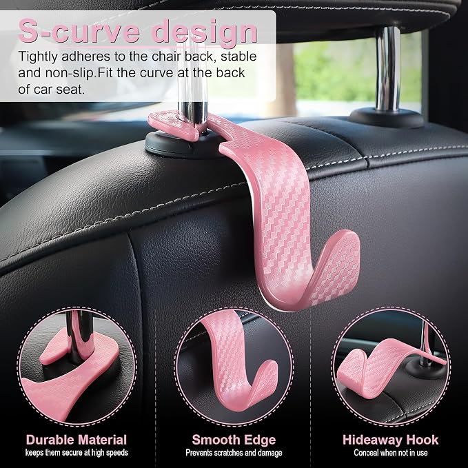 Car Purse Hook, Headrest Hook for Car, 4 Pack Universal Auto Car Seat Headrest Hook Hangers Organizer for Purse Coat Umbrellas Grocery Bags Handbag, Car Accessories - Carbon Fiber Pink