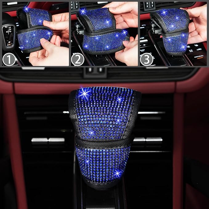 8 pcs Blue Bling Car Accessories Set for Women, Steering Wheel Cover, Sparkly Seat Belt Covers, Bling Gear Shift Cover, Universal Fit Most Cars (Blue Diamond)
