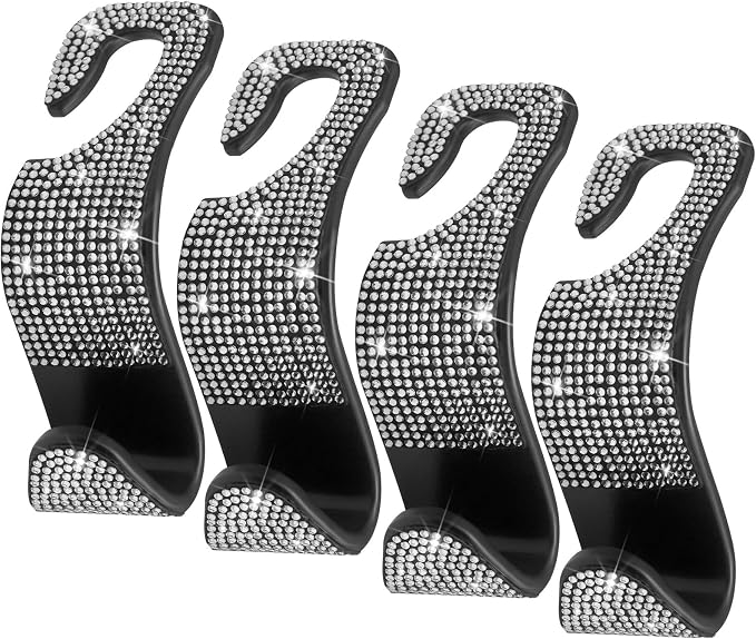 4 Packs Car Purse Hook, Bling Seat Headrest Bag Holder Hanger for Car, Easy Install Car Organizer Accessories Gift for Women (Silvery)