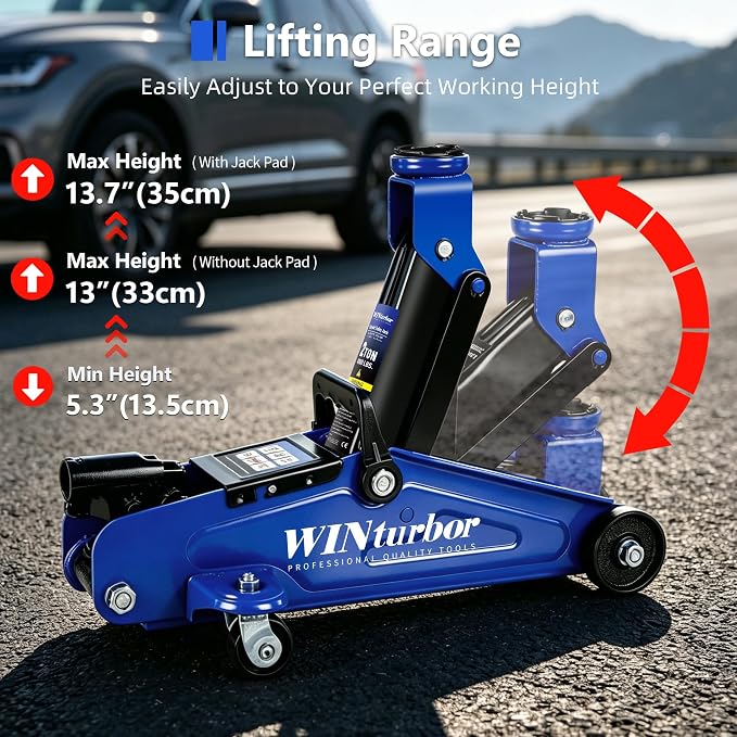 2 Ton Low Profile Floor Jack, 4000 lbs, with 2 Pads & Bag – Blue | Steel floor jack, 5.3"-13" lift. Overload valve. Smooth casters. For garage, workshop & auto.