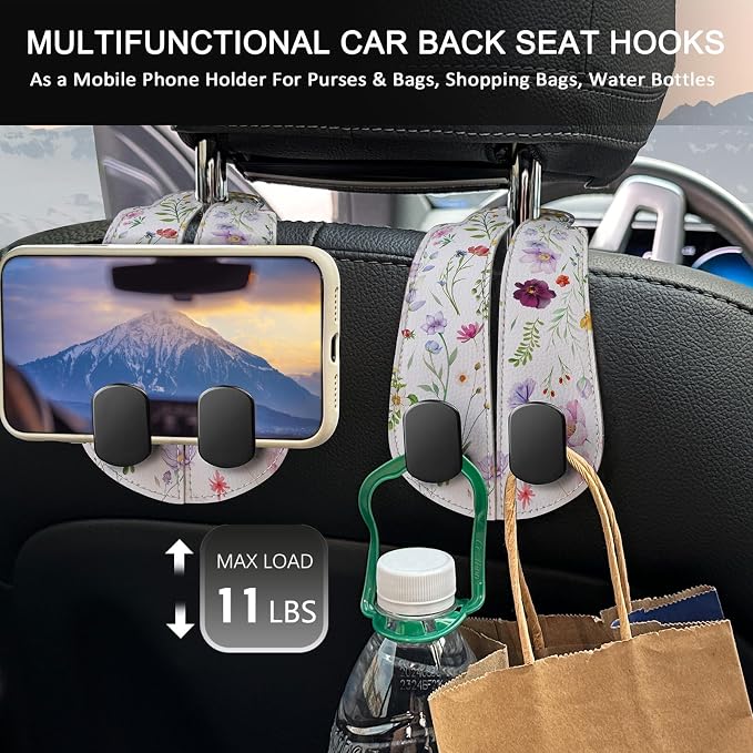 2PCS Car Seat Back Storage Headrest Hooks, Flowers Floral Purse Holder Bags Hanger, PU Leather Double Metal Hook for Backseat Organizer, Women Car Accessories Organization