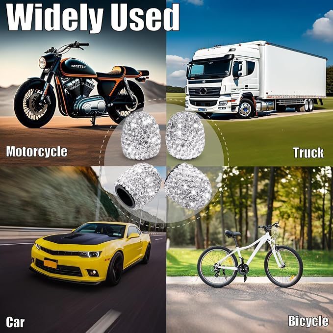 4PCS Bling Crystal Diamond Tire Stem Valve Caps, Dustproof Car Wheel Tire Valve Caps Universal Tire Valve Stem Covers for Cars, SUV, Trucks, Bikes, Motorcycles, Bicycles (White)