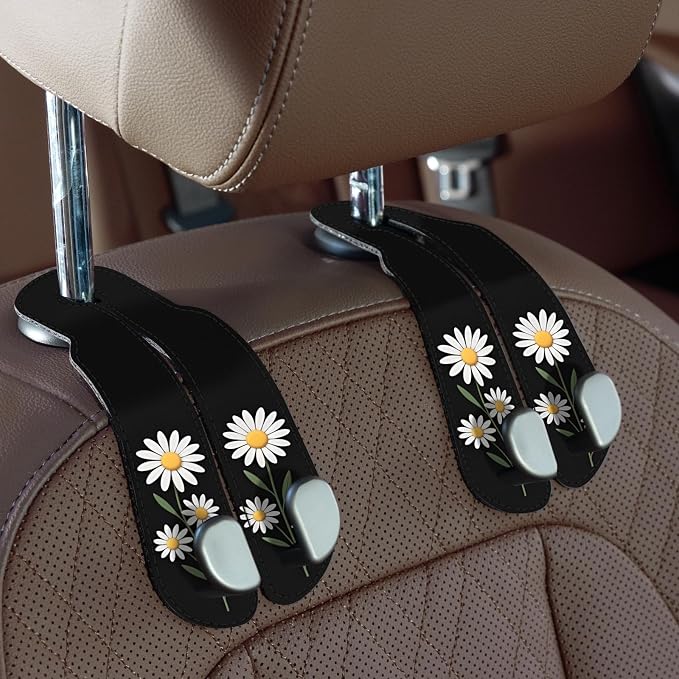 CoBak Purse Hook for Car - Universal Premium Stitched Leather and Aluminum-Magnesium Alloy Double Car Seat Back Storage Hook for Purses, Handbags, Bags (2 Pack),Daisy