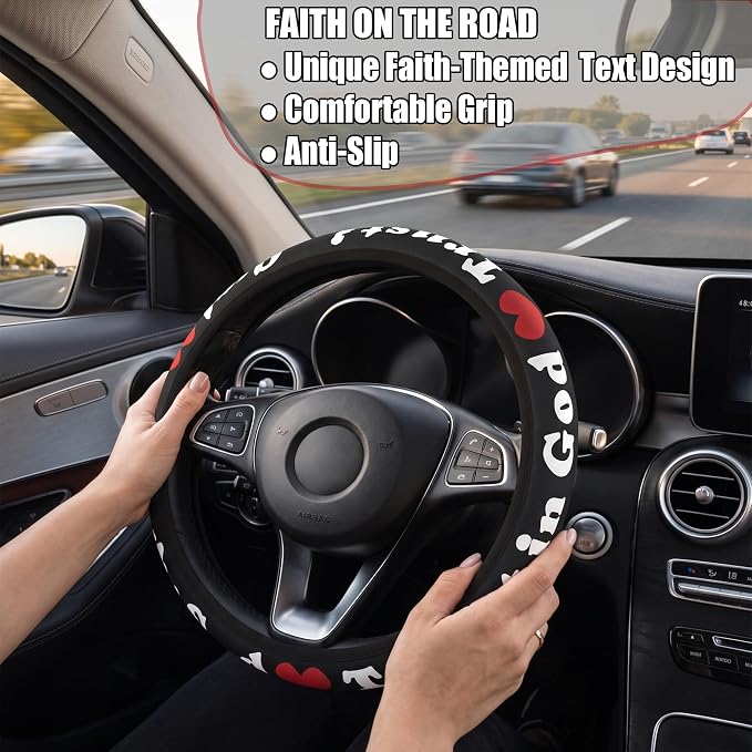 Christian Trust in God Steering Wheel Cover with 2 Coasters, Red & Black PU Leather Anti-Slip Car Wheel Protector, Christian Gifts for Men Women, Universal 15" Fit Cars SUVs Trucks