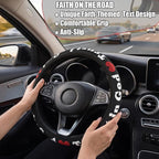 Christian Trust in God Steering Wheel Cover with 2 Coasters, Red & Black PU Leather Anti-Slip Car Wheel Protector, Christian Gifts for Men Women, Universal 15" Fit Cars SUVs Trucks