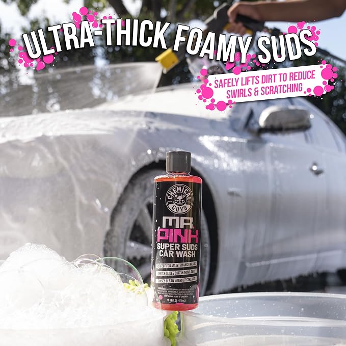 Mr. Pink Super Suds Car Wash Soap Plus Chenille Premium Microfiber Wash Mitt Bundle Kit, High Foaming Pink Shampoo And Scratch Free Wash Mitt For Cars Trucks SUVs Daily Drivers, 64 Fl Oz