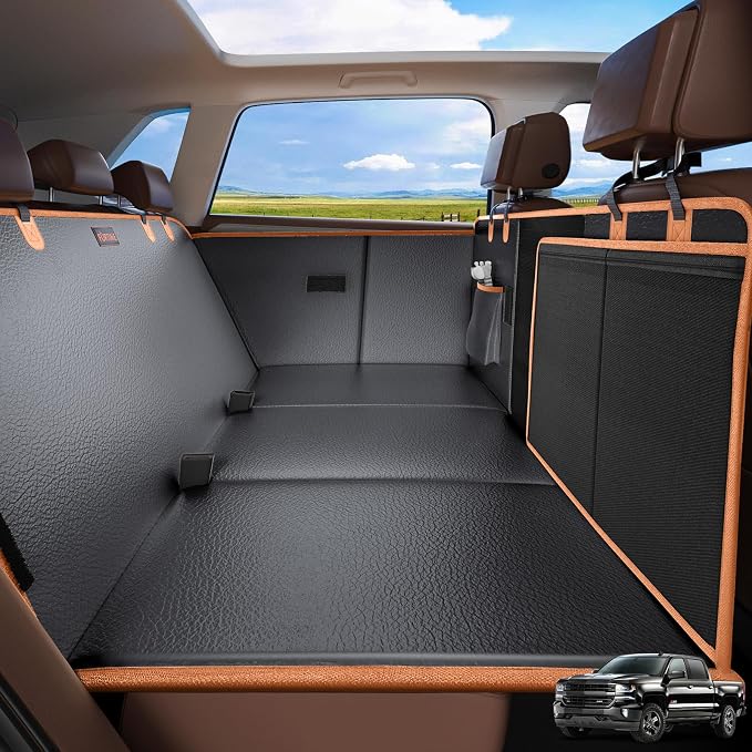 XL Back Seat Extender for Dogs, Hard Bottom Dog Car Seat Cover for Truck Back Seat, Upgraded PU Leather Waterproof Anti-Scratch, Large Space Back Seat Cover for Full Size Truck SUV