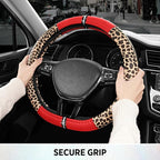 Leopard Steering Wheel Cover for Women, Cute Anti-Slip Microfiber Leather, Fits D Shape Flat Bottom Steering Wheel 14.5-15 Inch - Red