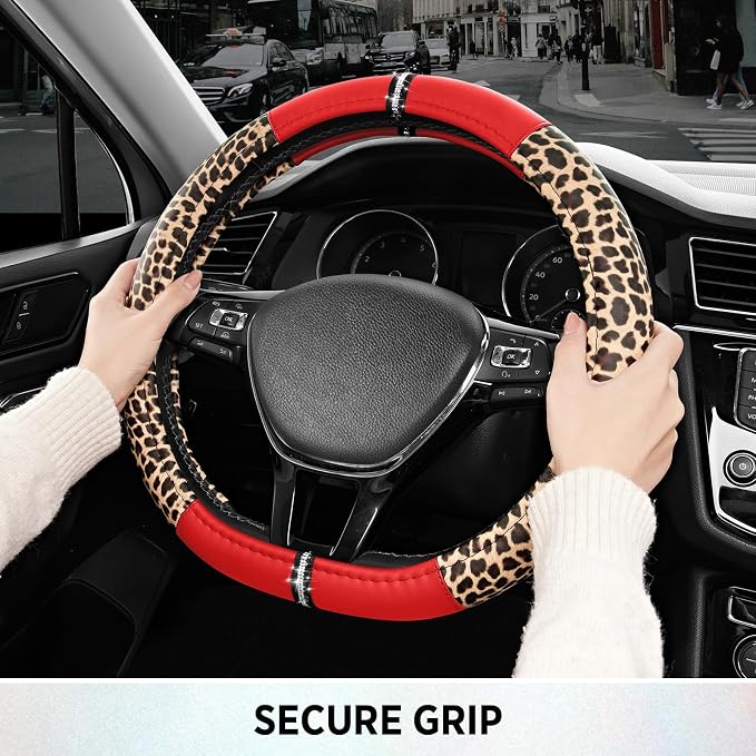 Leopard Steering Wheel Cover for Women, Cute Anti-Slip Microfiber Leather, Fits D Shape Flat Bottom Steering Wheel 14.5-15 Inch - Red