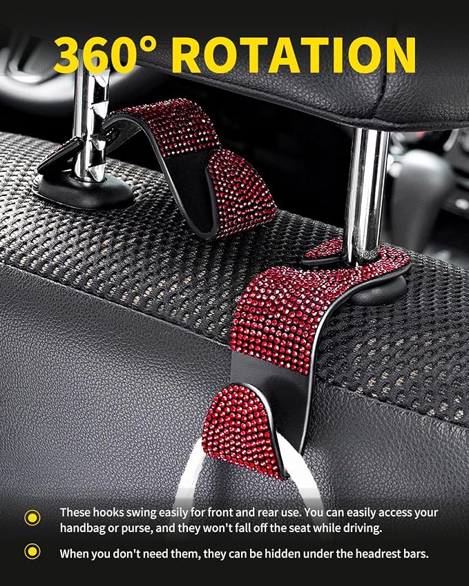 4 Pack Blink Diamond Car Seat Headrest Hooks Crystal Rhinestone Car Purse Holder Universal Interior Accessories for Handbags, Water Bottles, Coats, Umbrellas, Red