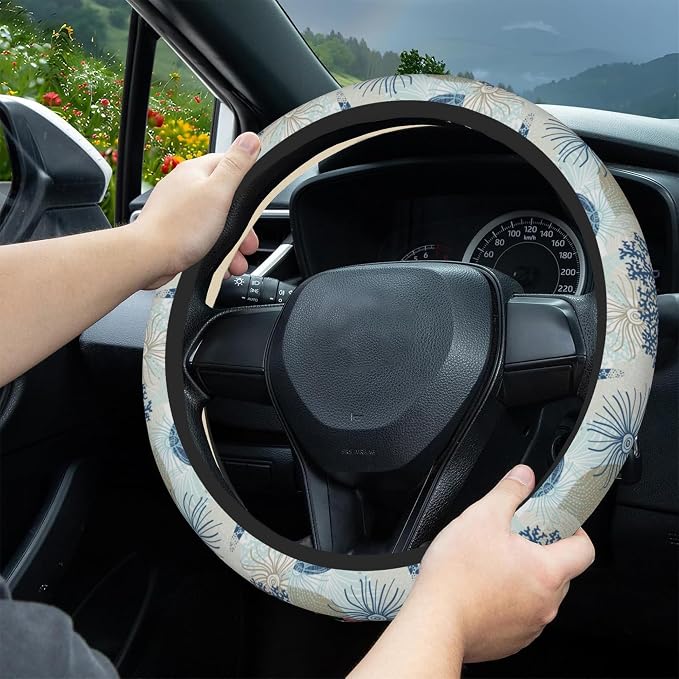 Marine Seashells Steering Wheel Covers Corals Universal 15 Inch Car Wheel Cover,Anti-Slip Breathable Car Accessories Protector Fit for Trucks,Sedans,SUVs,Vans
