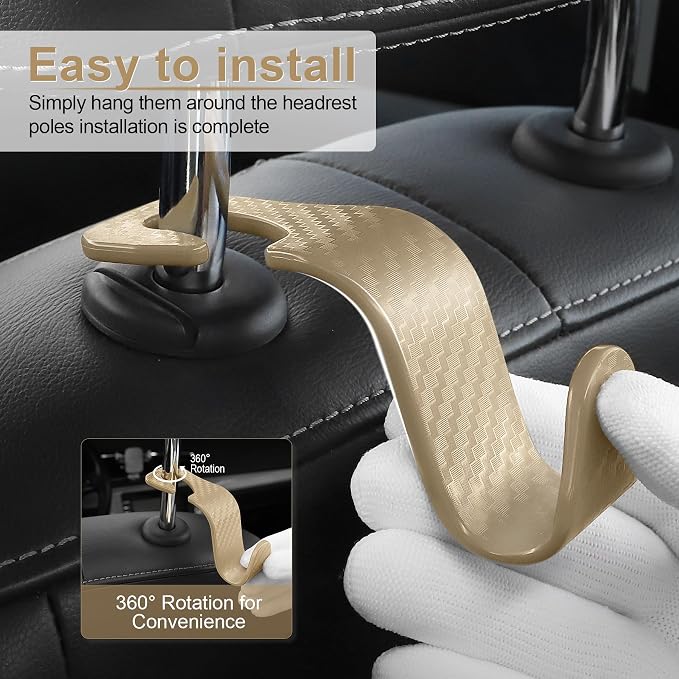 Car Purse Hook, Headrest Hook for Car, 4 Pack Universal Auto Car Seat Headrest Hook Hangers Organizer for Purse Coat Umbrellas Grocery Bags Handbag, Car Accessories - Carbon Fiber Beige