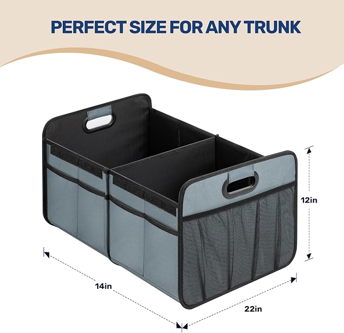 Car Trunk Organizer with Lid, Collapsible 2 Compartment Automotive Storage Box, 600D Waterproof Oxford Polyester 50L Travel Accessories, Anti-slip & Leak-proof, Grey-Green