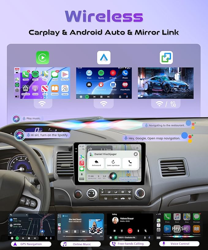 4G 128G Android Car Stereo for Honda Civic 2006-2011, Wireless CarPlay & Android Auto, 5GHz WiFi GPS, 10.1'' Touchscreen, Bluetooth/FM/RDS, EQ, SWC + AHD Backup Camera