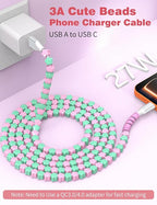 USB A to USB C Cable 6FT,Beaded Phone Charger Cord for iPhone 17 16 Pro Max 17e 15 Carplay,Cute TypeC Car Charger Charging Cord for iPad Pro 10 11/Samsung S26 S25 S24/Android Girl Women,PinkGreen Star