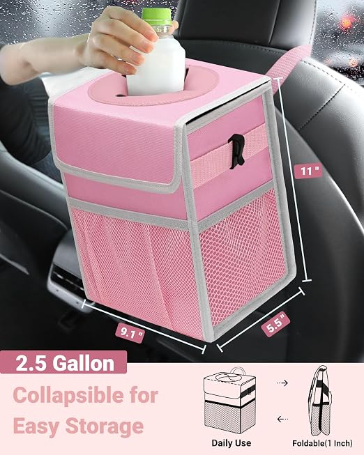 Car Trash Can with Lid, Leakproof Car Trash Bag Hanging Waterproof Automotive Garbage Can with Storage Pockets Mini Vehicle Trash Bin for Back/Front Seat(Pink,2.5 Gallon)