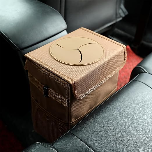 AOKJOY Car Garbage can with lid Leak Proof Vehicle Trash Can 3 Storage Pockets Hanging Waterproof car Trash Bag for SUV Brown