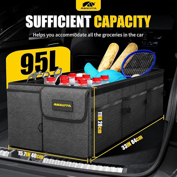 Car Trunk Organizer - 95L Collapsible Trunk Organizer with Lid, Sturdy Car Storage for SUV Auto Truck Van with Adjustable Straps and Non Slip Bottom (Gray, XX-Large)