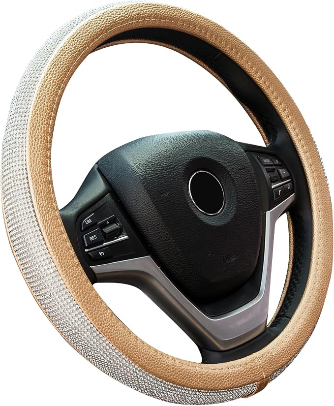 New Diamond Leather Steering Wheel Cover with Bling Bling Crystal Rhinestones, Universal Fit 15 Inch Car Wheel Protector for Women Girls,Gold