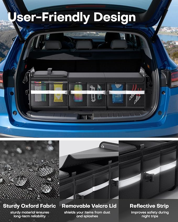 Trunk Organizer - 3-Compartment Car Organizer and Storage with Cooler Bag, Foldable Car Storage Organizer for SUV with Handles & Strap for Shopping, Picnic, 33.1" x 13.0" x 11.8", Black