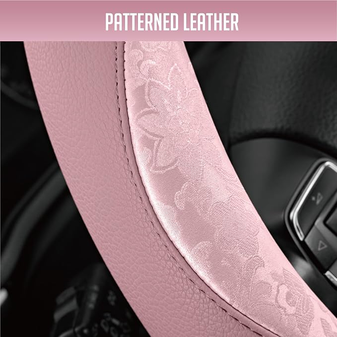 Steering Wheel Cover, Pink Patterned Leather Patchwork Design, Universal Fit 14.5"–15.5" D-Shape Steering Cover, Soft PU Grain Leather, Durable Grip Car Accessory for Girls & Women