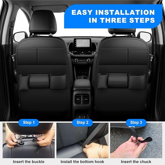 Back Seat Protector 2 Pack Fit for Toyota Grand Highlander Car Kick Mats with Cup & Tissue Storage Organizer Pockets Waterproof Dirt Proof Faux Leather Auto Accessories for Kids(1 Pair Black)