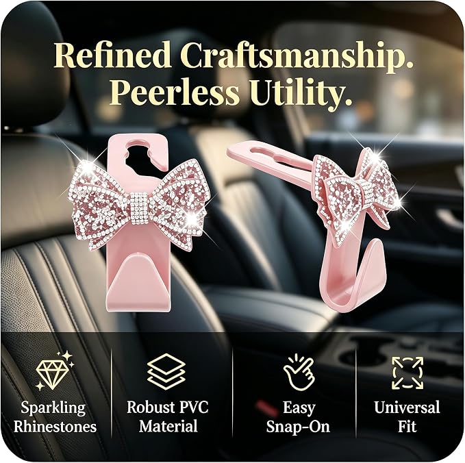 2PCS Bling Bow Car Seat Headrest Hooks, S Type Crystal Rhinestone Bowknot Auto Seat Back Storage Hooks, Diamond Cute Bow Vehicle Storage Organizer, Universal for Purses Bags Groceries(Pink)