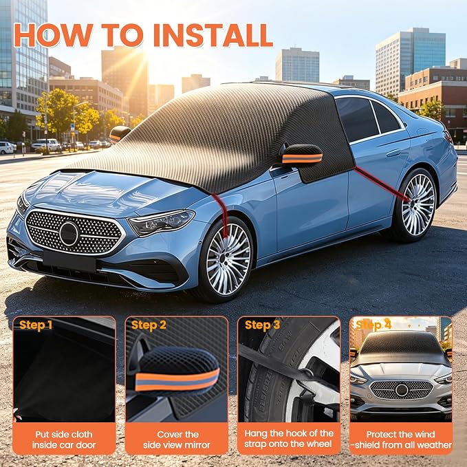 All Weather Windshield Cover with Magnetic Edges, 4-Layer Thick Waterproof Sunshade Snow Cover for Most Vehicles