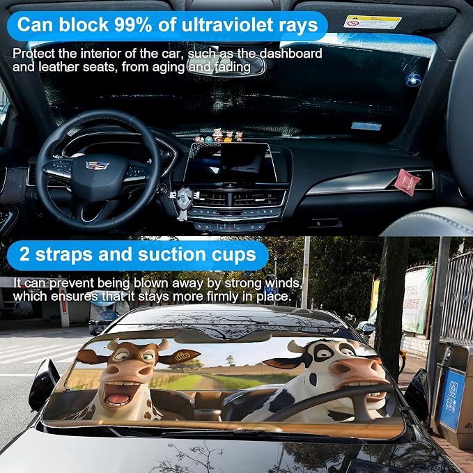 Funny Cows Foldable Windshield Snow Cover, Reflective Accordion Car Windshield Snow Cover, Sun Visor for Car Windshield, Ultimate Heat & UV Protection, Suitable for Most Cars, 57.1" L x 27.6" W