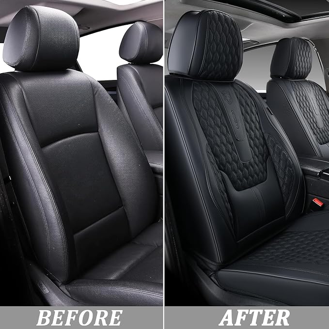 Coverado Front Seat Covers, Car Seat Covers Front Seats, Nappa Leather Seat Covers for Cars, Waterproof Seat Covers with Lumbar Support Universal Fit for Most Cars SUV Trucks (Front, Black)