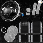 11 PCS Bling Diamond Car Mats Set for Women Girls, Sparkly Rhinestone Steering Wheel Cover, Waterproof Floor Mats Universal Fit for SUV,Vans,Sedans,Trucks Anti-Slip, Interior Sets Silver