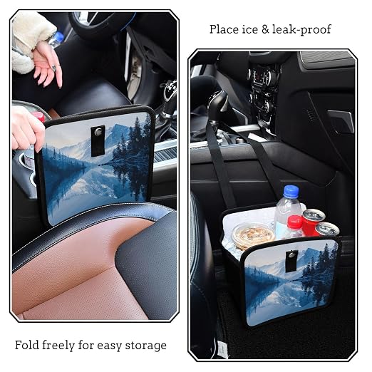 Car Trash Can Organizer Bin with Adjustable Strap for Back Front Seat Console Waterproof Leakproof Collapsible Portable 11 Inch Winter Blue Mountain and Mirrored Lake