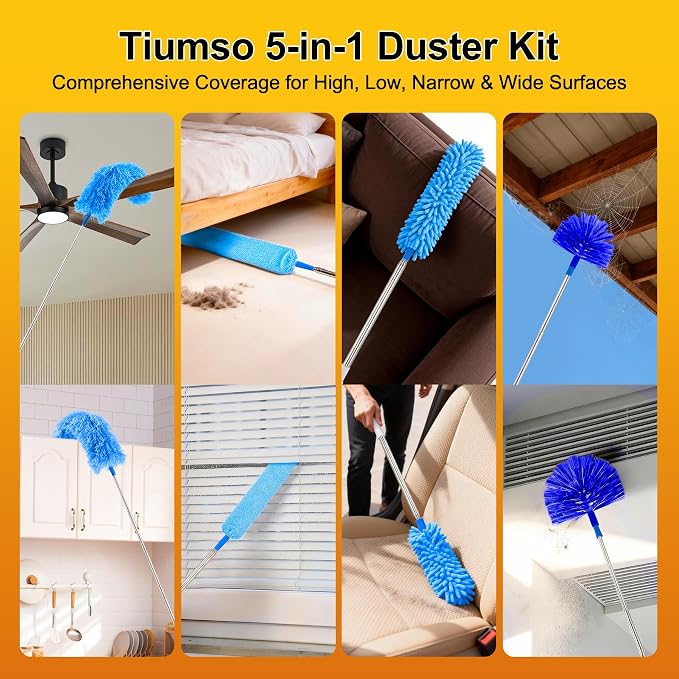 5-in-1 Microfiber Duster Kit with 100” Extension Pole – Reinforced Stainless Steel Telescopic Handle for High Ceiling Fans, Cobwebs & Vents – Multi-Head Dusters for Cleaning with Anti-Spin Pole