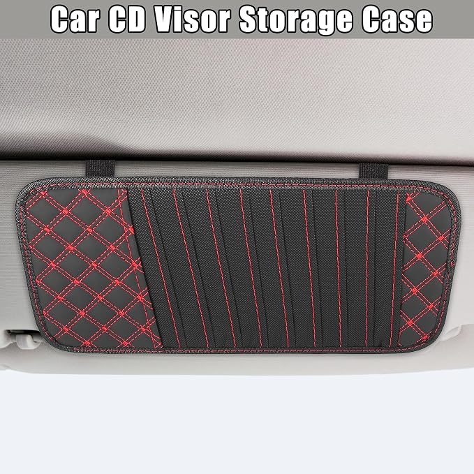 2pcs Car CD Visor Storage Cases Vehicle Sun Visor Organizer with 10 DVD Storage Sleeves Black with Red Line