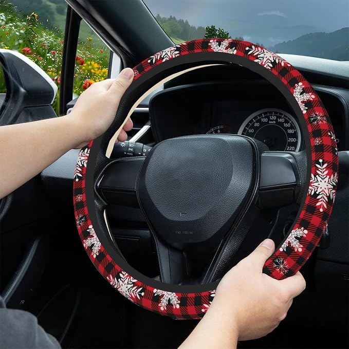 Christmas Snowflakes Steering Wheel Cover,Buffalo Plaid Elastic Non-Slip Steering Wheel Protector,Auto Interior Decor for Women Girls,Universal 15" Fit for Sedans,Trucks