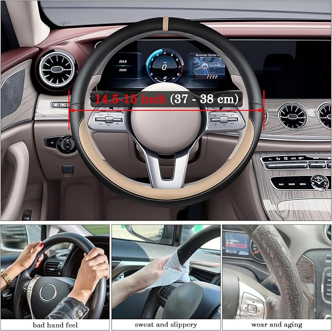 Black Beige Car Steering Wheel Cover, Nappa Leather, Bottom Color Blocking, Universal 14.5-15 Inch Leather Anti-Slip Breathable Auto Steering Wheel Covers for Men Women