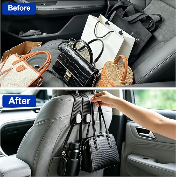 Car Purse Hook, 4-Pack Leather Headrest Hooks for Car | Purse Holder for Car, Car Bag Hooks for Headrest, Universal Back Seat Storage Hooks for Grocery Purses and Bags, Black