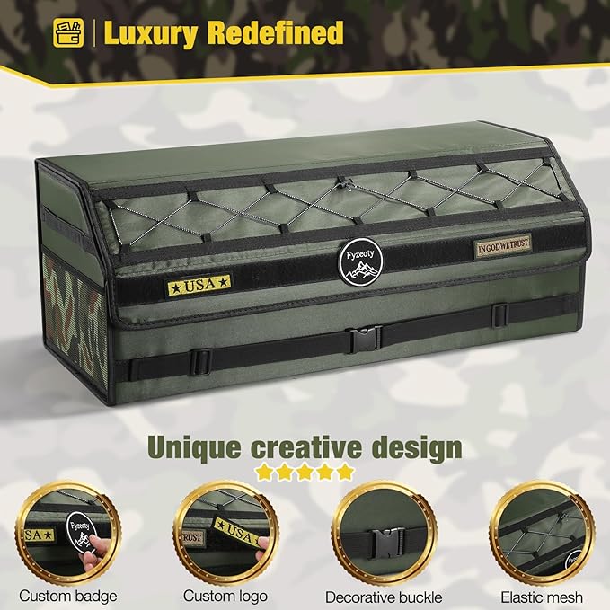 Car Trunk Organizer for SUV and Sedan, Tactical‑Green, 29.5 in | Tactical & Aerospace Oxford, Extra‑Large, Hinged Lid, Collapsible & Adjustable, Water‑Resist & Dust‑Proof