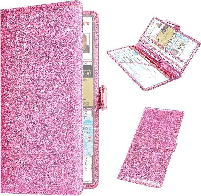 Car Registration & Insurance Holder - Leather Glove Box Organizer, Cool Accessories for ID, Driver's License Cards & Docs, Men & Women, Pink Glitter
