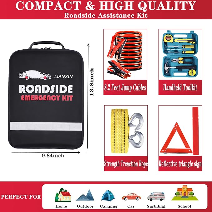 Roadside Emergency Car Kit, Safety Car Kit,with Jumper Cables Emergency kit | Emergency Roadside Kit for Car Warning Triangle,Folding Shovel, Safety Hammer, Tow Rope, Breakdowns fo Emergency Kit Car