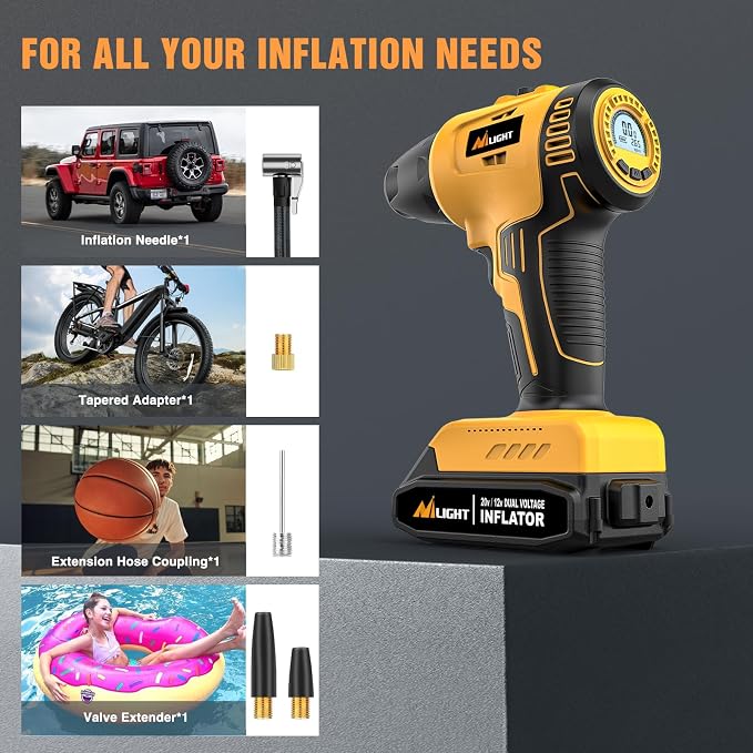 Cordless Tire Inflator Air Compressor Dual Power Supply 20V Rechargeable Battery Powered 150PSI Handheld Air Portable Pump with 12V Adapter Digital Pressure Gauge for Cars Motorcycles