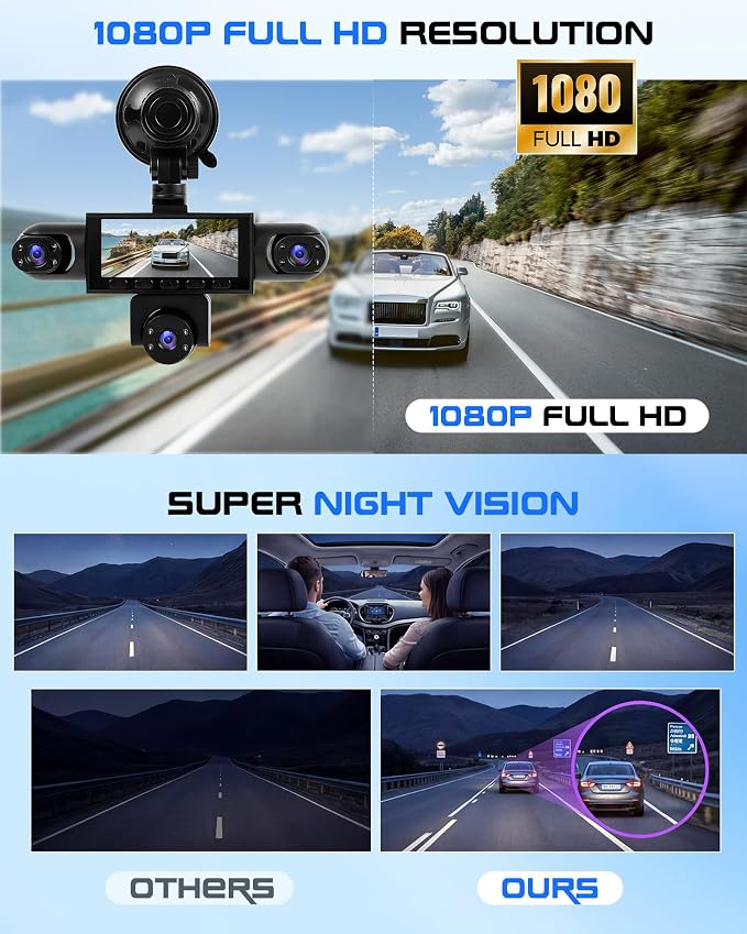 5 Channel Dash Cam 360° View, 1080P Front and Rear Left Right Inside 3.16 Inch Dash Camera for Cars, 12 Lights Night Vision, Motion Detection Camera for Cars