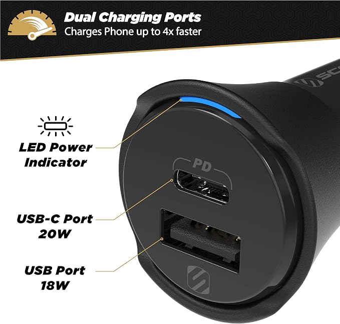 CPDCA38 38W USB-C Cigarette Lighter Adapter, Dual Car Charger with USB-A and USBC Fast Charging Port Compatible with iPhone 16/15/14/13/12, Samsung Galaxy S25/S24/S23 & Type-C Android Devices