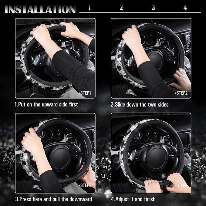 Bling Cow Print Diamond Steering Wheel Cover, with Sparkly Crystal Glitter Rhinestones Black Leather Car Wheel Protect for Women Girl Fit Suvs,Vans,Sedans,Cars,Trucks, 14" 1/2-15" Cow Design