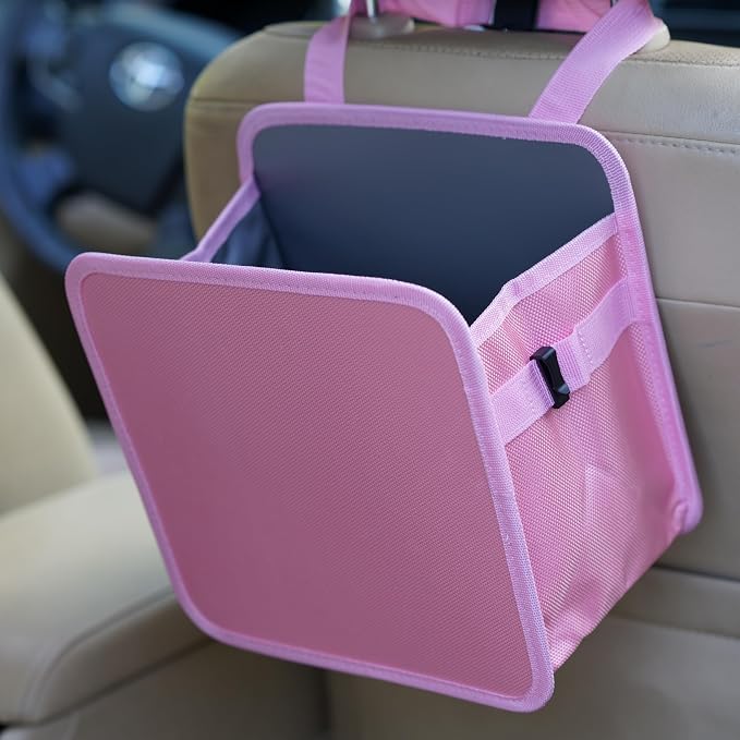 2 Gallons Open-Top Car Trash Can, Hanging Car Trash Bag with Water-Proof PEVA Liner, Stand Car Trash Bag Foldable Car Storagge Bag for Cars SUV Truck (Pink)