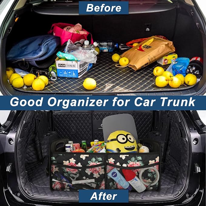 Trunk Organizer and Storage with Reinforced Handles,Car Accessories for Women/Men 50L Waterproof Polyester Trunk Organzier for Car/SUV/Minivan/Truck(Medium, Floral)