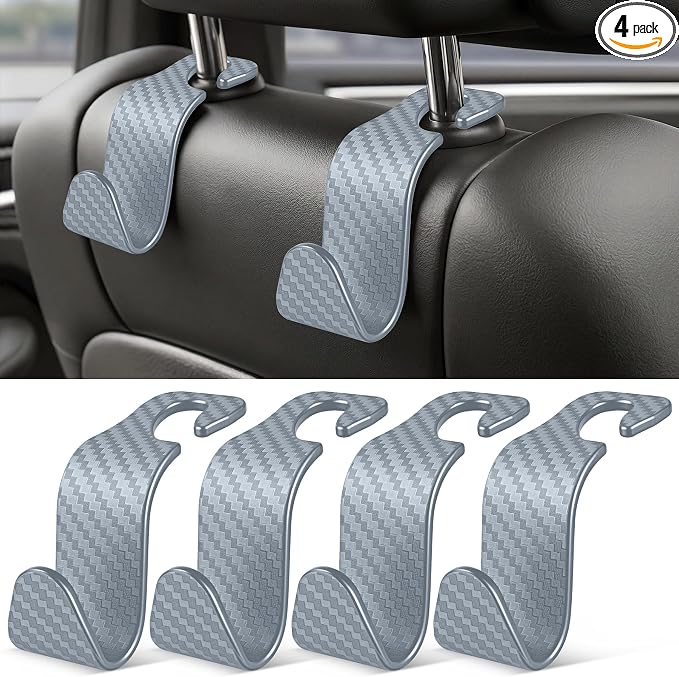 Universal 4 Pack Car Seat Headrest Purse Hook, Carbon Fiber Back Seat Hook Storage Organizer Hanger for Purse Handbag Coat, Car Interior Accessories(Gray)