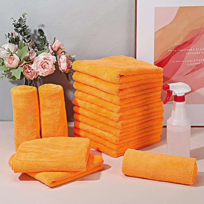 30 Pcs 16 x 16 Inch Edgeless Microfiber Plush Towels for Cars Detailing Drying Wash Polishing Absorbent Cleaning Cloths, 500 GSM (Orange)