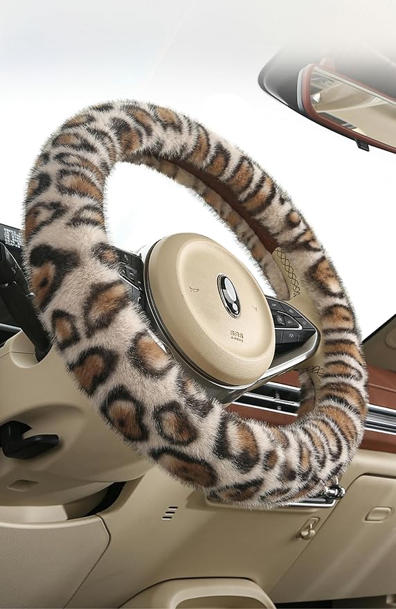 Fluffy Cheetah Car Steering Wheel Cover Luxurious Faux Fur Leopard Print Cute Wheel Protector Universal 15 Inch Fit for Vehicle, Car, Auto, SUV Winter Warm (Beige)
